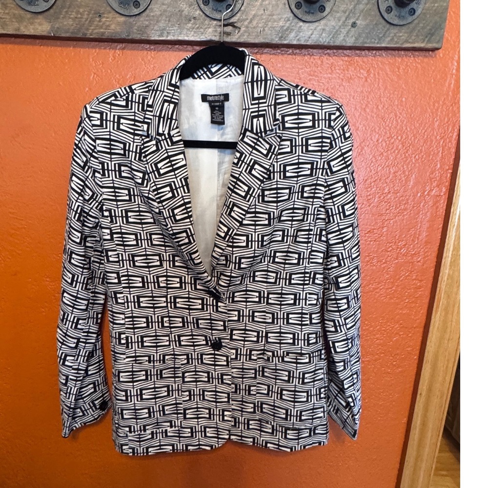 Metrostyle Womens Black White Geometric Op-Art 100% Linen Blazer Jacket Size 10